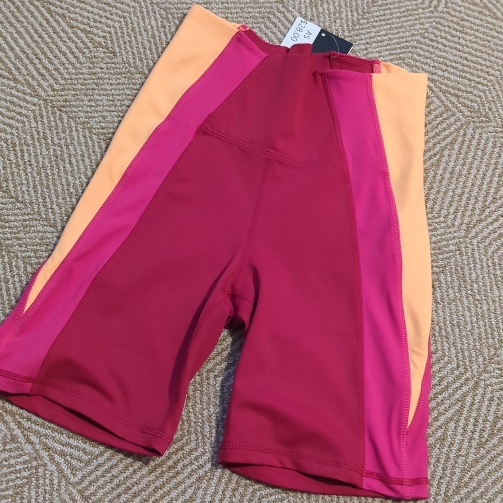 New Senita Neon Color Block Pink Orange Yoga Dance High Waisted Bike Shorts XS